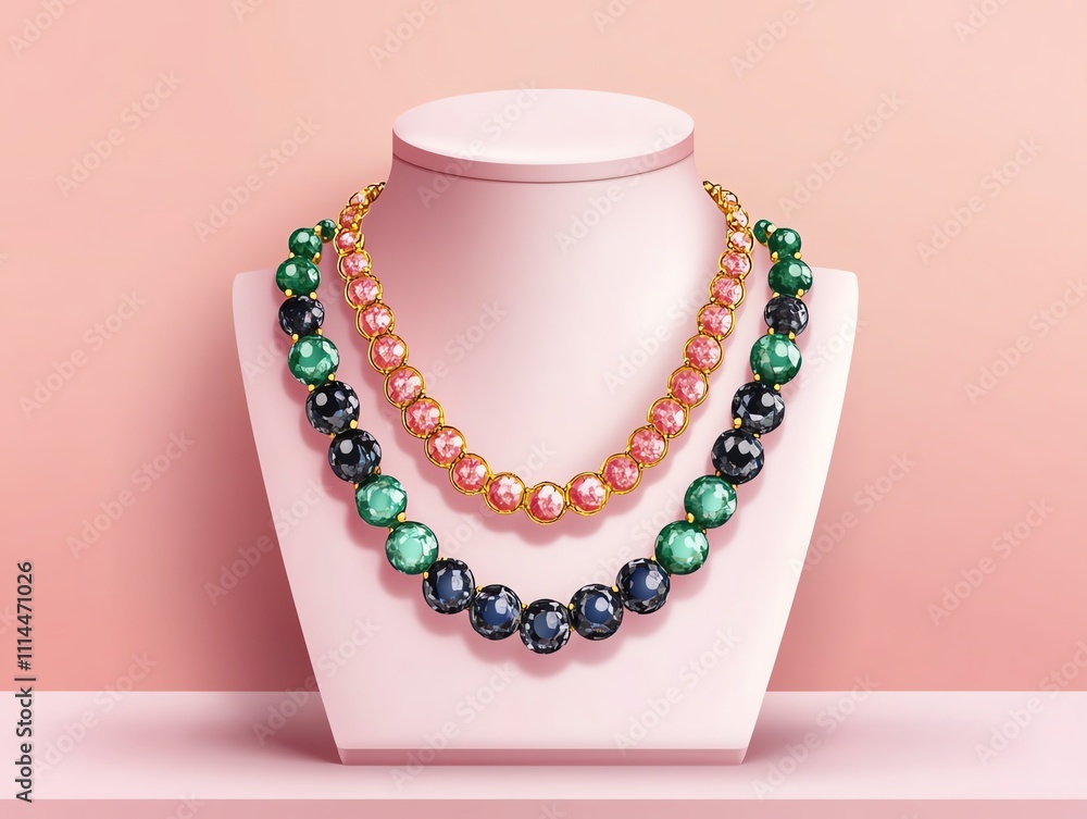 Elegant pearl necklaces on display stand Elegant pearl necklaces on display stand