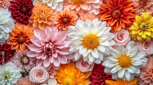Vibrant dahlia and rose floral arrangement, colorful blooms, close-up.