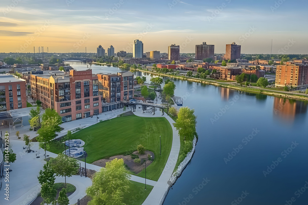 Obraz premium a city view from the water with a city in the background. Generative AI