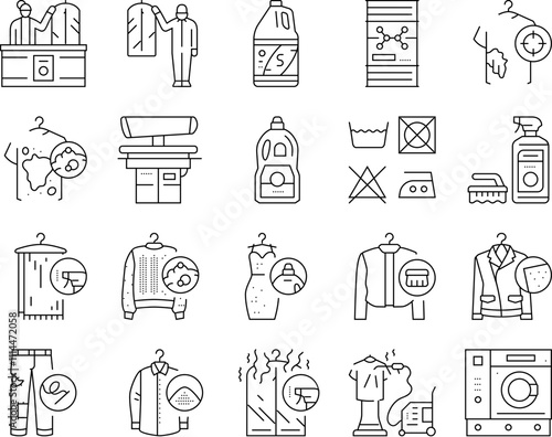 dry cleaning laundry wash service icons set vector. shirt care, business clothes, cleaning iron, textile laundromat, fabric, room washer dry cleaning laundry wash service black contour illustrations