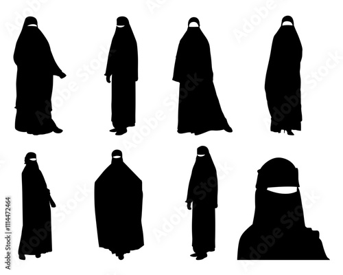 Set of Muslim women vector silhouettes. Islamic Muslim woman standing.