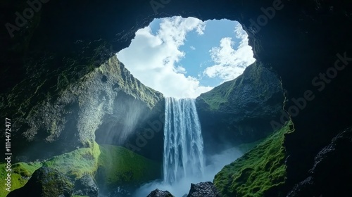 Waterfall cascading through cave opening, sunlight illuminating mist and lush greenery.