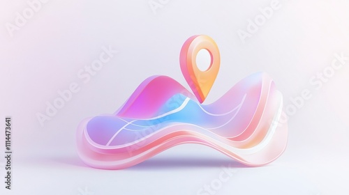 Abstract 3D Map Design with Colorful Waves and Location Pin for Digital Navigation and Geolocation Services, Ideal for Technology and Travel Concepts