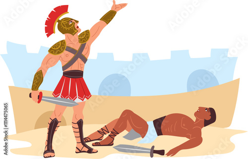 Gladiators fight scenes. Roman warriors. People in armor. Muscular legionnaires in battlefield. Colosseum battles. Soldiers attacking and defending with weapon. Splendid vector concept