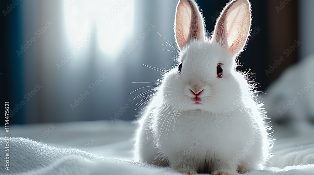 A white rabbit is sitting on a bed A white rabbit is sitting on a bed