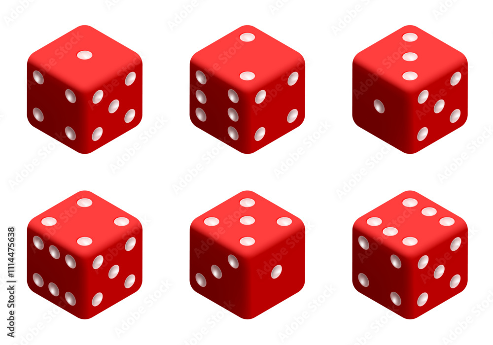 Red dice with white dots. Vector set isolated on white background. 3d dice. Red dice with white dots. Vector set isolated on white background. 3d dice.