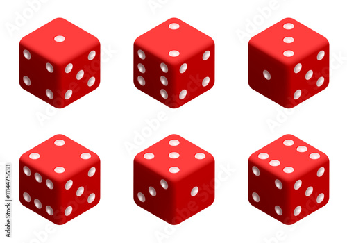 Red dice with white dots. Vector set isolated on white background. 3d dice.