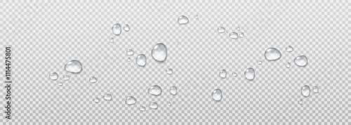 Realistic vector water drops png on a transparent light background. Water condensation on the surface with light reflection and realistic shadow. 3d vector illustration