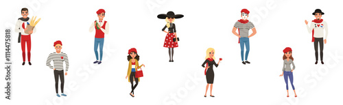 Male and Female Parisian Characters Wearing Traditional Clothes Vector Set