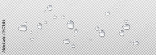 Realistic vector water drops png on a transparent light background. Water condensation on the surface with light reflection and realistic shadow. 3d vector illustration