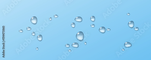 Realistic vector water drops png on a transparent light background. Water condensation on the surface with light reflection and realistic shadow. 3d vector illustration