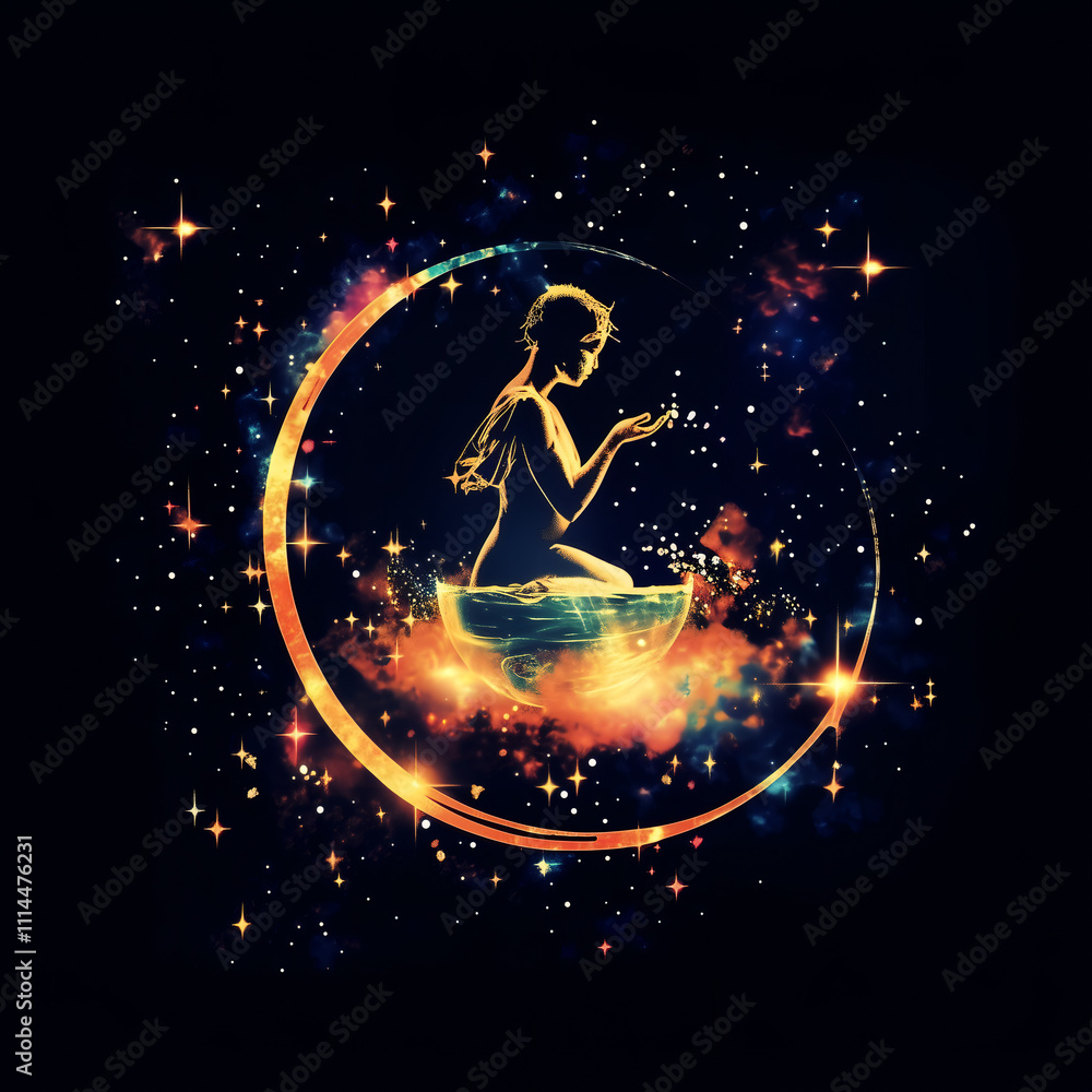 zodiac sign Aquarius; abstract portrait of woman sitting in water tank and looking at her hands full of water; golden bow; magic vibe astrology illustration; horoscope 2025 idea; 1 out of 12 zodiac sign Aquarius; abstract portrait of woman sitting in water tank and looking at her hands full of water; golden bow; magic vibe astrology illustration; horoscope 2025 idea; 1 out of 12