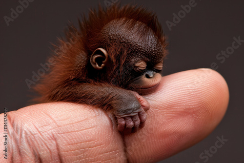 A peaceful miniature baby orangutan sleeping on a human finger, with detailed fur and soft lighting creating a serene and lifelike moment.
 photo