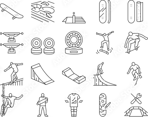 skateboard skate skater icons set vector. board jump, boy sport, street cool, man summer, park city, trick young air urban skateboard skate skater black contour illustrations