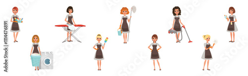 Happy Woman Housekeeper and Housewife in Apron Vector Set