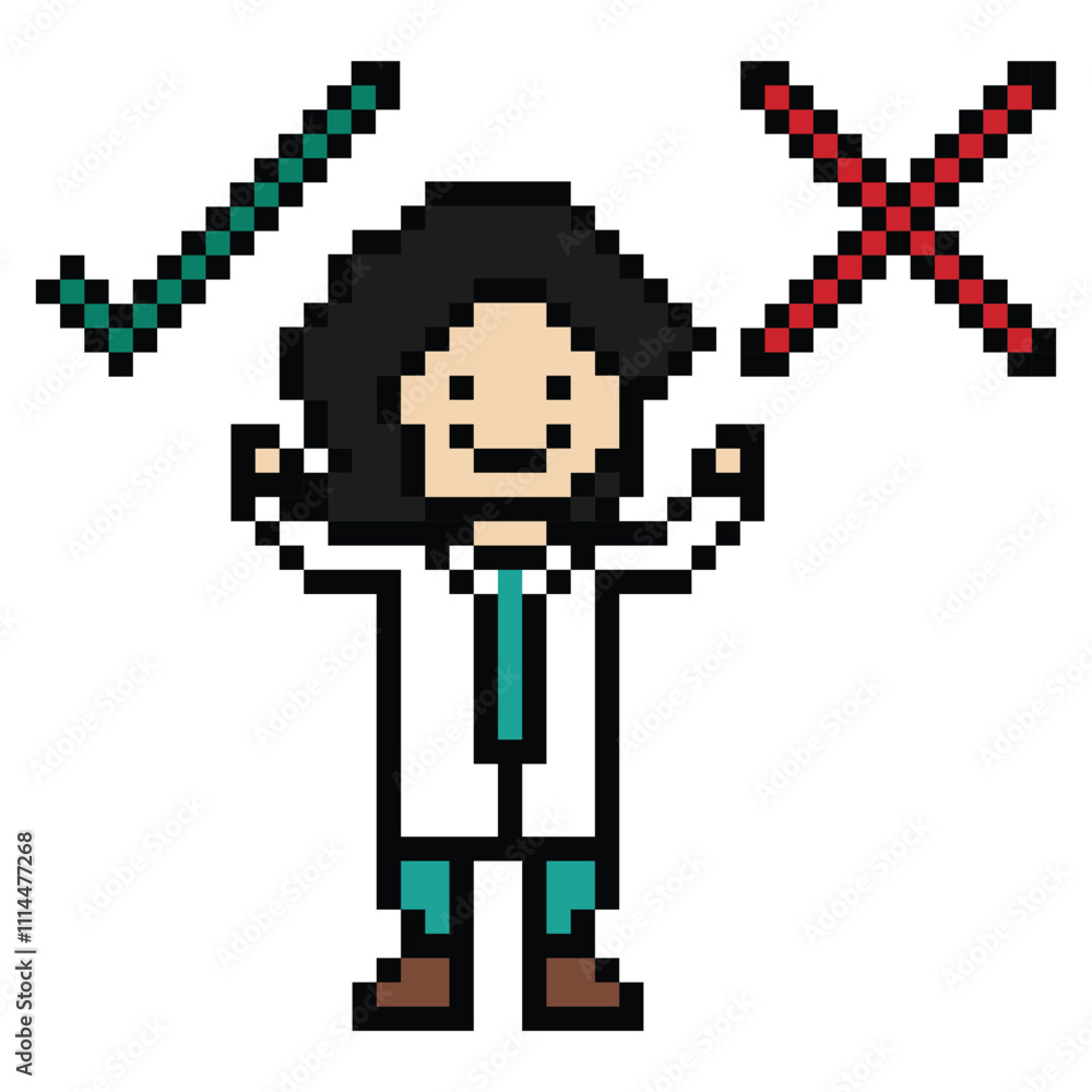 Obraz premium Cute pixel cartoon 8bit character woman doctor or scientist game care for decoration pharmacist female doctor lady uniform in hospital 8 bit pixel art png vector.