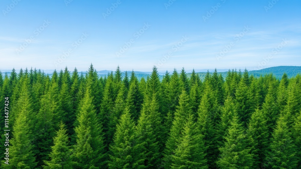 Fototapeta premium Lush Green Pine Tree Forest Under a Clear Blue Sky