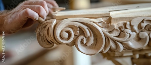 A focused shot of a carpenter crafting intricate wooden moldings for a historic building restoration project, Historic building restoration scene, Artisan woodworking style photo