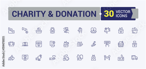 Charity And Donation thin line icon set. Includes thin line charity, donate, unity, love, linearity, trust, donation and more. Thin UI icon design. Vector illustration in modern line style.