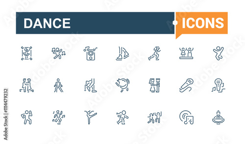 Dance icon set. Contains related to background, disco, happy, break, class and more. Minimalistic web and UI icons. Editable stroke.