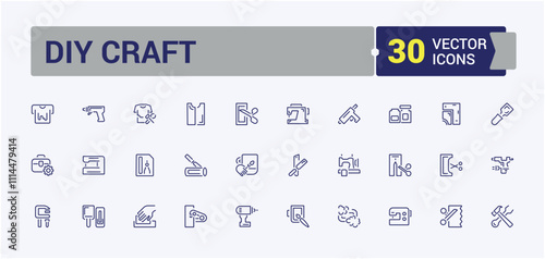 DIY Craft linear icon collection. Includes thin line art, house, tool, saw, spanner, repair, building and more. Isolated icons design. Editable stroke. Vector illustration.