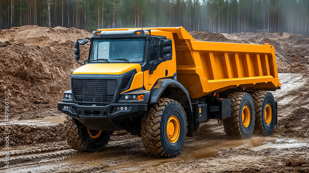 Obraz premium A large orange dump truck moving along a muddy road in a mountainous area. The power of technology against the background of harsh but beautiful nature.