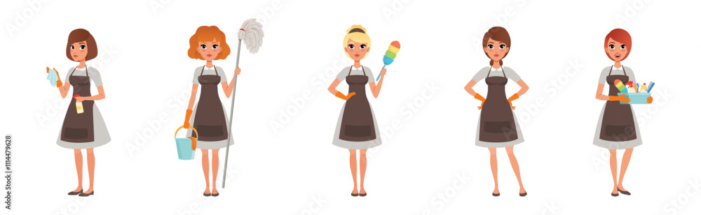 Happy Woman Housekeeper and Housewife in Apron Vector Set Happy Woman Housekeeper and Housewife in Apron Vector Set