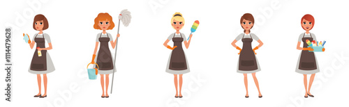 Happy Woman Housekeeper and Housewife in Apron Vector Set