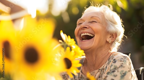 Fototapeta Naklejka Na Ścianę i Meble -  A woman is smiling and laughing while holding a bouquet of yellow flowers
