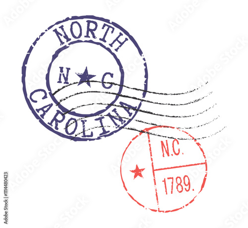 Postal rubber stamps NORTH CAROLINA and NC zip code abbreviation, along with the state symbol. Retro seals for letter envelopes, greeting cards, passports, parcels.
