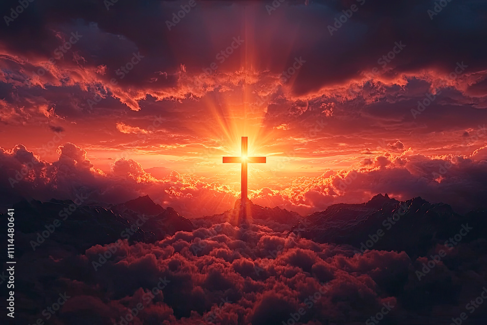 Obraz premium Jesus Christ cross. Easter, resurrection concept. Cross of Jesus Christ nailed to the mountain with the light of sunrise in the background