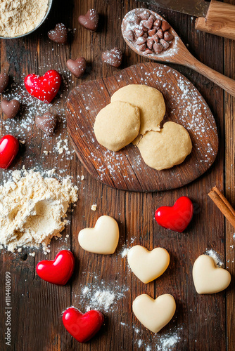 Raw dough and ingredients for preparing tasty heart shaped cookies on wooden background. Valentines Day celebration photo