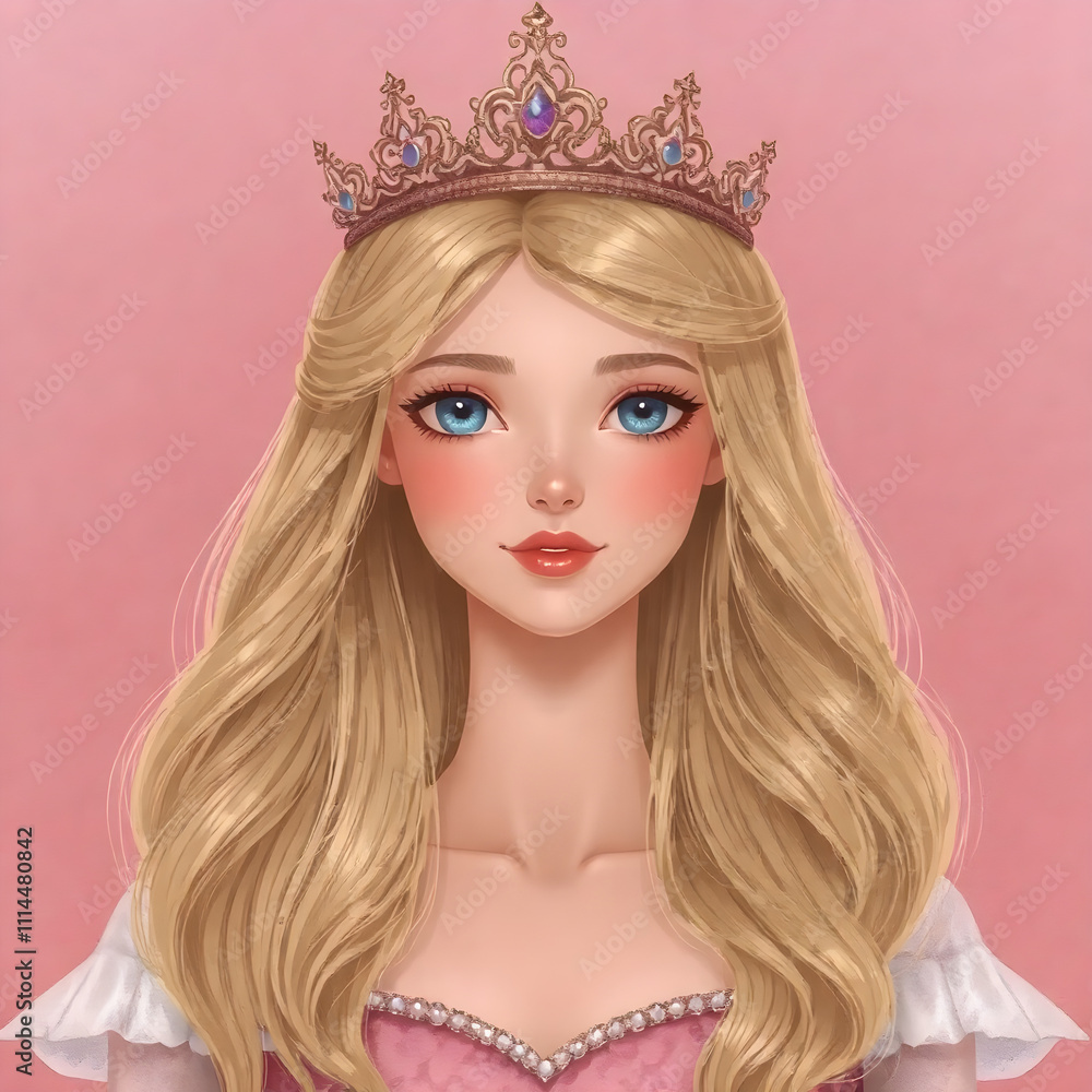 Fototapeta premium Una linda chica rubia con una hermosa corona y un vestido rosa