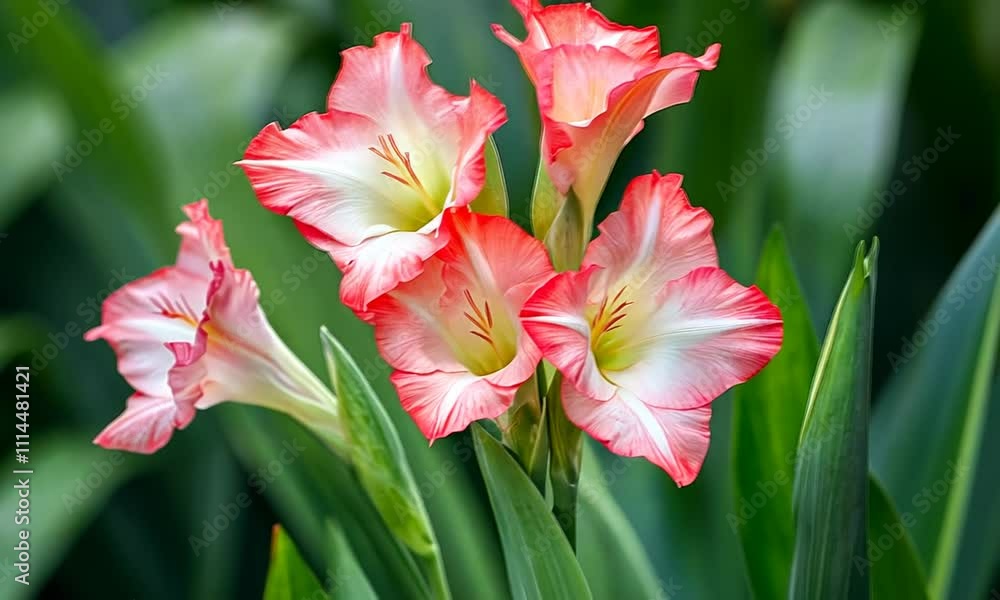 Beautiful pink and white gladiolus flowers blooming in lush green foliage Beautiful pink and white gladiolus flowers blooming in lush green foliage