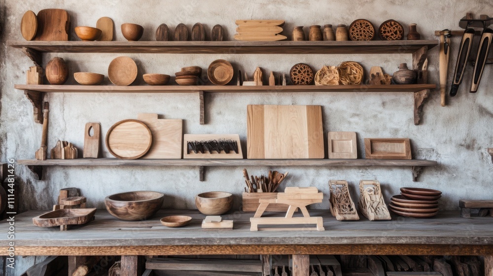 a display of handmade wooden items, like bowls, frames, and small furniture a display of handmade wooden items, like bowls, frames, and small furniture