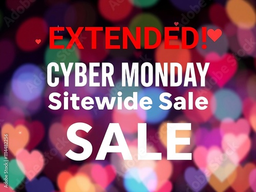 Sign with colorful balls, hearts and text 'Extended Cyber Monday Sitewide Sale'. photo