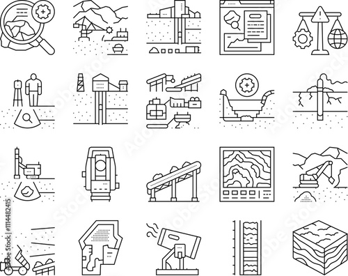 mining engineer geology icons set vector. minerals excavation, drilling blasting, surveying safety, equipment, operations mining engineer geology black contour illustrations
