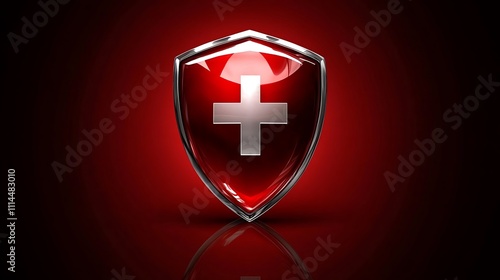 Red Shield Displays White Cross Symbol Design