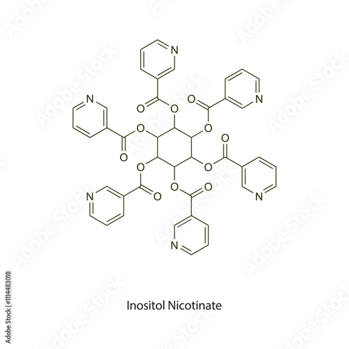 Inositol Nicotinate flat skeletal molecular structure vasodilator drug used in peripheral vascular disease, hyperlipidaemia treatment. Vector illustration scientific diagram.