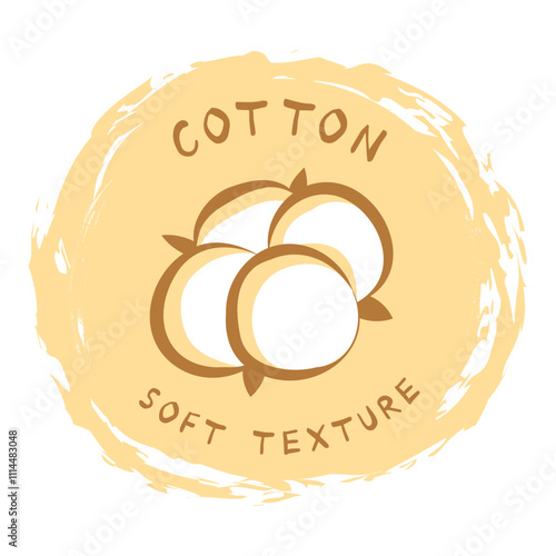 White cotton carelessly drawn by hand with a brush in a round yellow spot with text in a circle. Flat doodle style. Vector illustration.