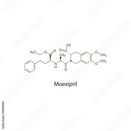 Moexipril flat skeletal molecular structure ACE inhibitor drug used in hypertension treatment. Vector illustration scientific diagram.