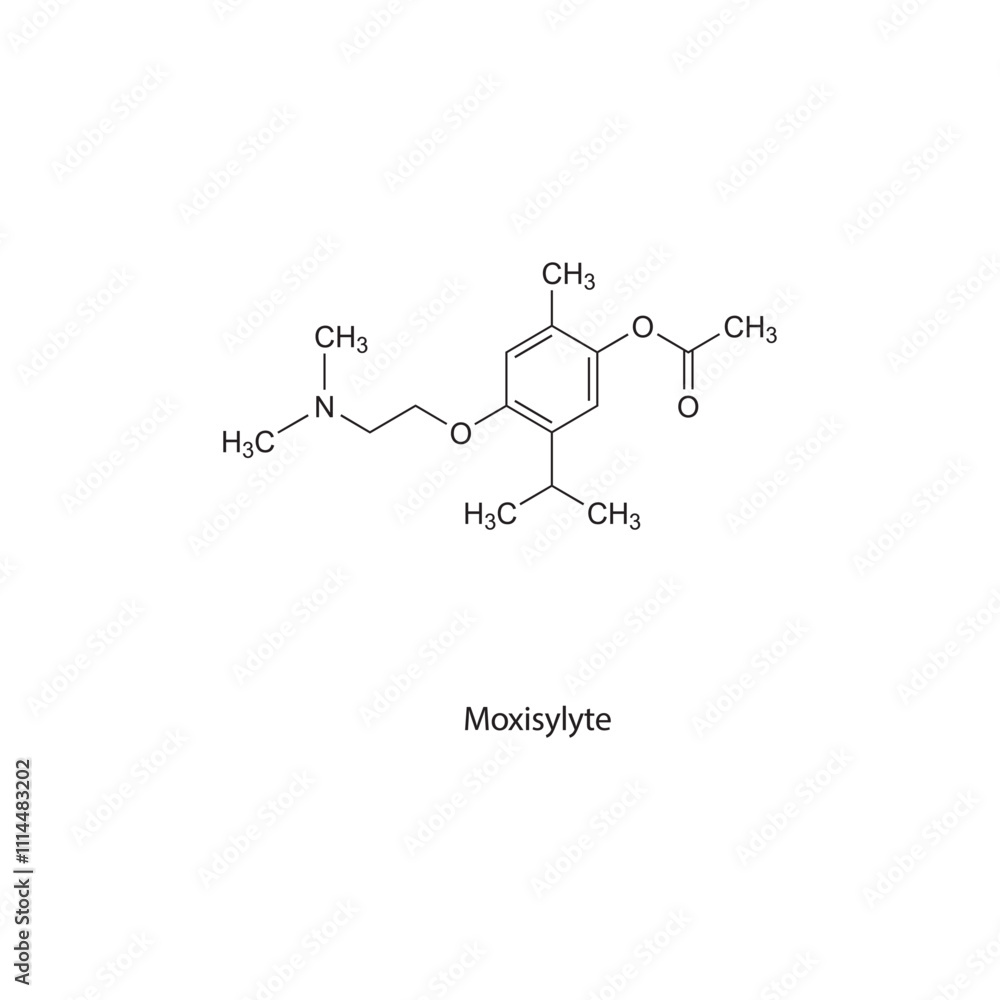 Obraz premium Moxisylyte flat skeletal molecular structure Alpha blocker drug used in peripheral vascular disease treatment. Vector illustration scientific diagram.