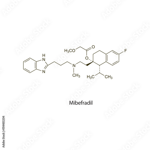 Mibefradil flat skeletal molecular structure Calcium chanel blocker CCB drug used in hypertension treatment. Vector illustration scientific diagram.