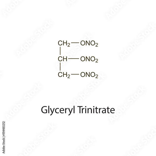 Glyceryl Trinitrate flat skeletal molecular structure nitrate drug used in angina pectoris treatment. Vector illustration scientific diagram.