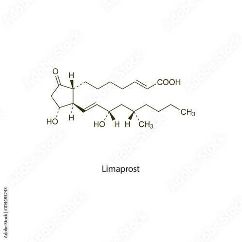 Limaprost flat skeletal molecular structure Prostaglandin analogue drug used in peripheral vascular disease treatment. Vector illustration scientific diagram.