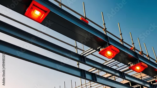 Industrial construction framework with illuminated safety lights and blue sky

 photo