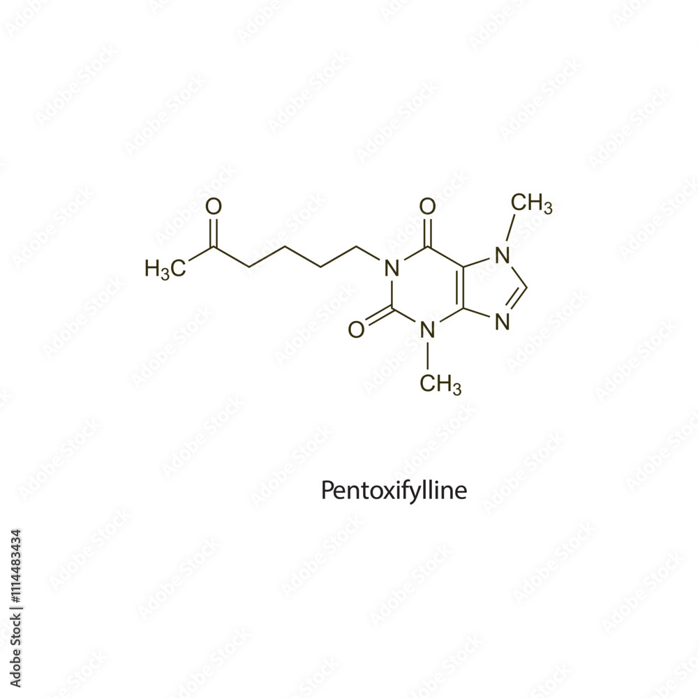 Pentoxifylline flat skeletal molecular structure vasodilator drug used in hypertension treatment. Vector illustration scientific diagram. Pentoxifylline flat skeletal molecular structure vasodilator drug used in hypertension treatment. Vector illustration scientific diagram.