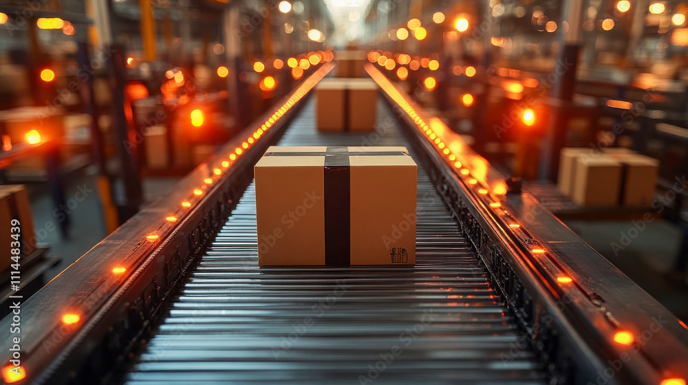 Single cardboard box on a brightly lit conveyor belt in an industrial warehouse Single cardboard box on a brightly lit conveyor belt in an industrial warehouse