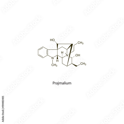 Prajmalium flat skeletal molecular structure Class I antiarrhythmic drug used in arrhythmia treatment. Vector illustration scientific diagram.