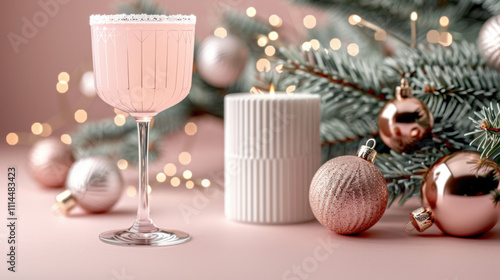 A sophisticated pink cocktail in a decorative glass, adorned with frosted sugar, surrounded by festive ornaments and fir branches, creating a luxurious holiday atmosphere.
